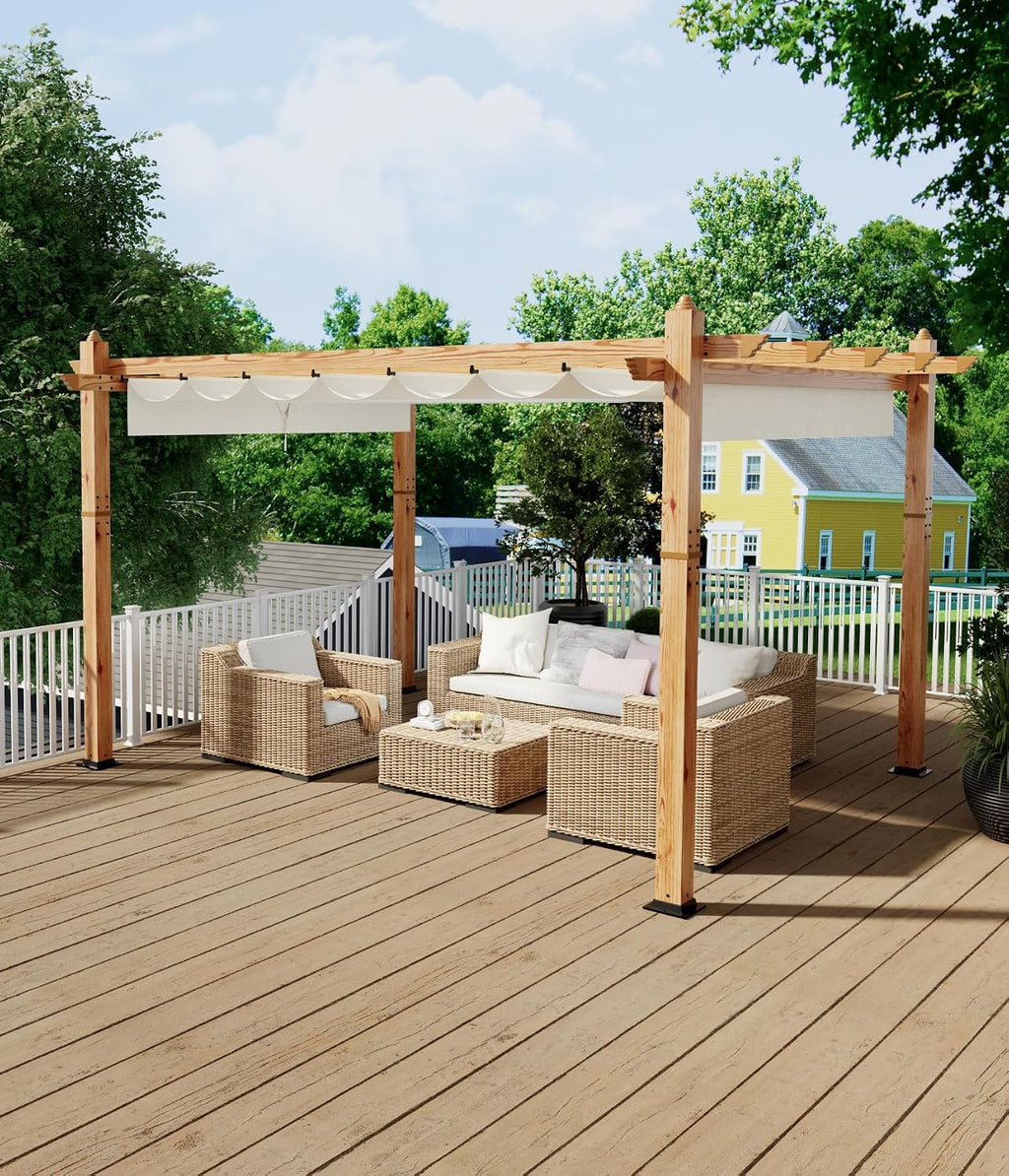 GAOMON Retractable Pergola 10' x 13' Aluminum Outdoor Pergola with Retractable Canopy Faux Wood Metal Pergolas for Patios, Backyard, Deck, Patio, Garden Porch Beach Pavilion Grape Trellis, Beige