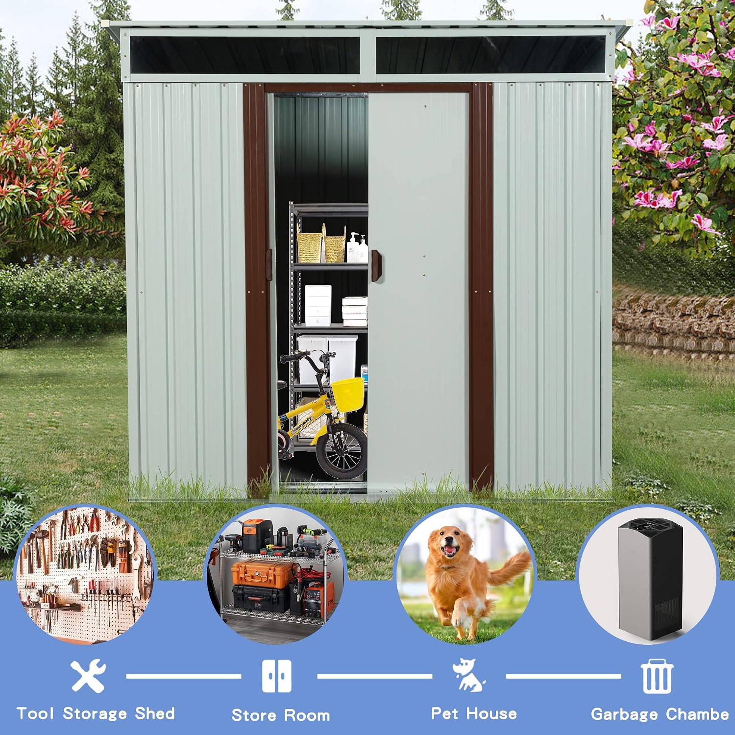 6x5 FT Outdoor Metal Storage Shed with Lockable Sliding Doors, Transparent Panels and Metal Foundation All-Weather Tool Shed for Garden, Lawn, Patio, and Backyard, White