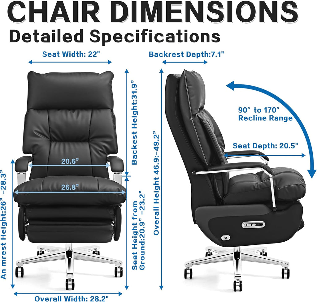 Dual Motor Executive Office Chair with Footrest, 170° Reclining Wide Seat Ergonomic Leather Desk Chair, One-Touch Reset, 450LBS Big and Tall for Home&Office (Black)