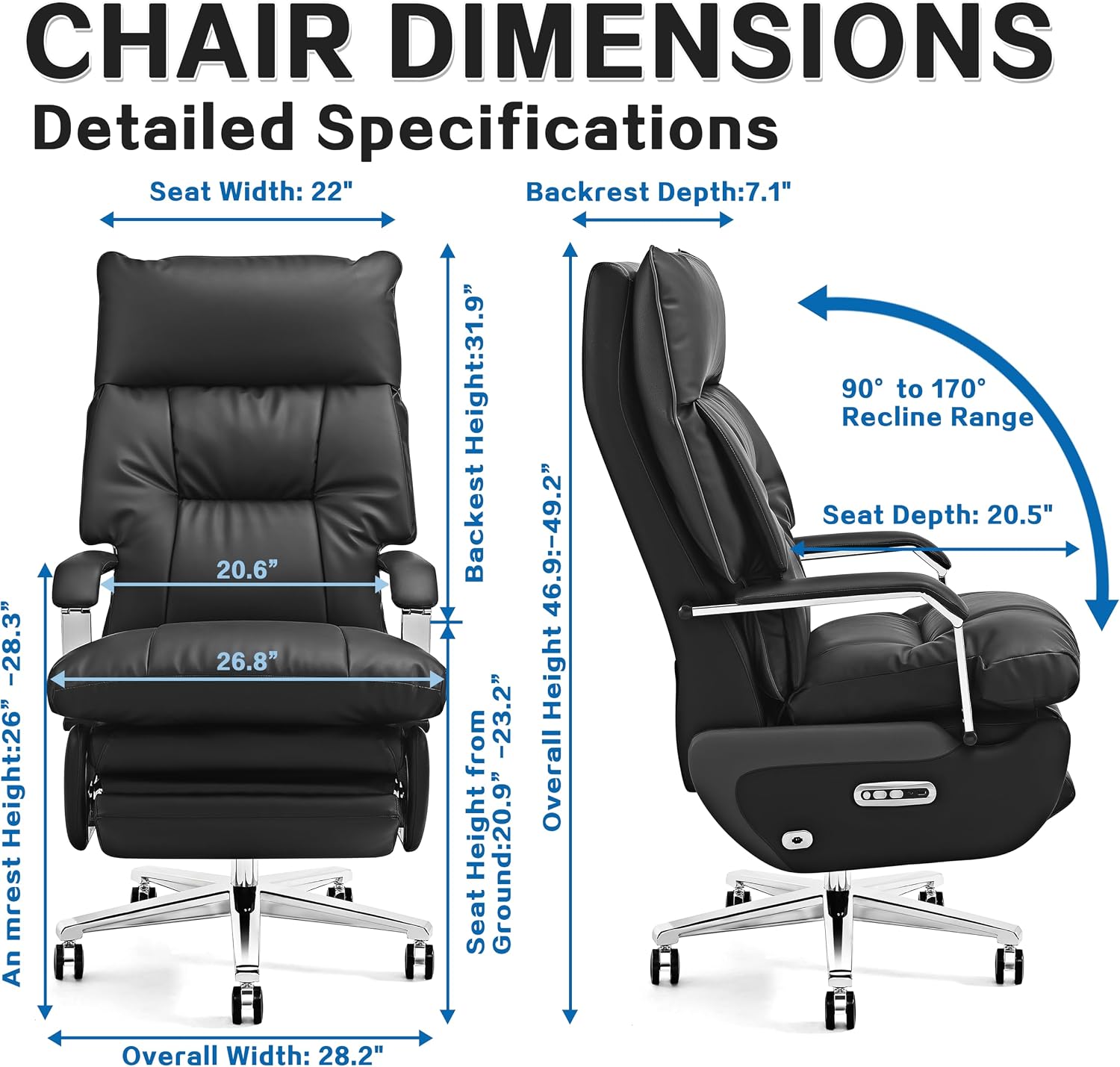 Dual Motor Executive Office Chair with Footrest, 170° Reclining Wide Seat Ergonomic Leather Desk Chair, One-Touch Reset, 450LBS Big and Tall for Home&Office (Black)