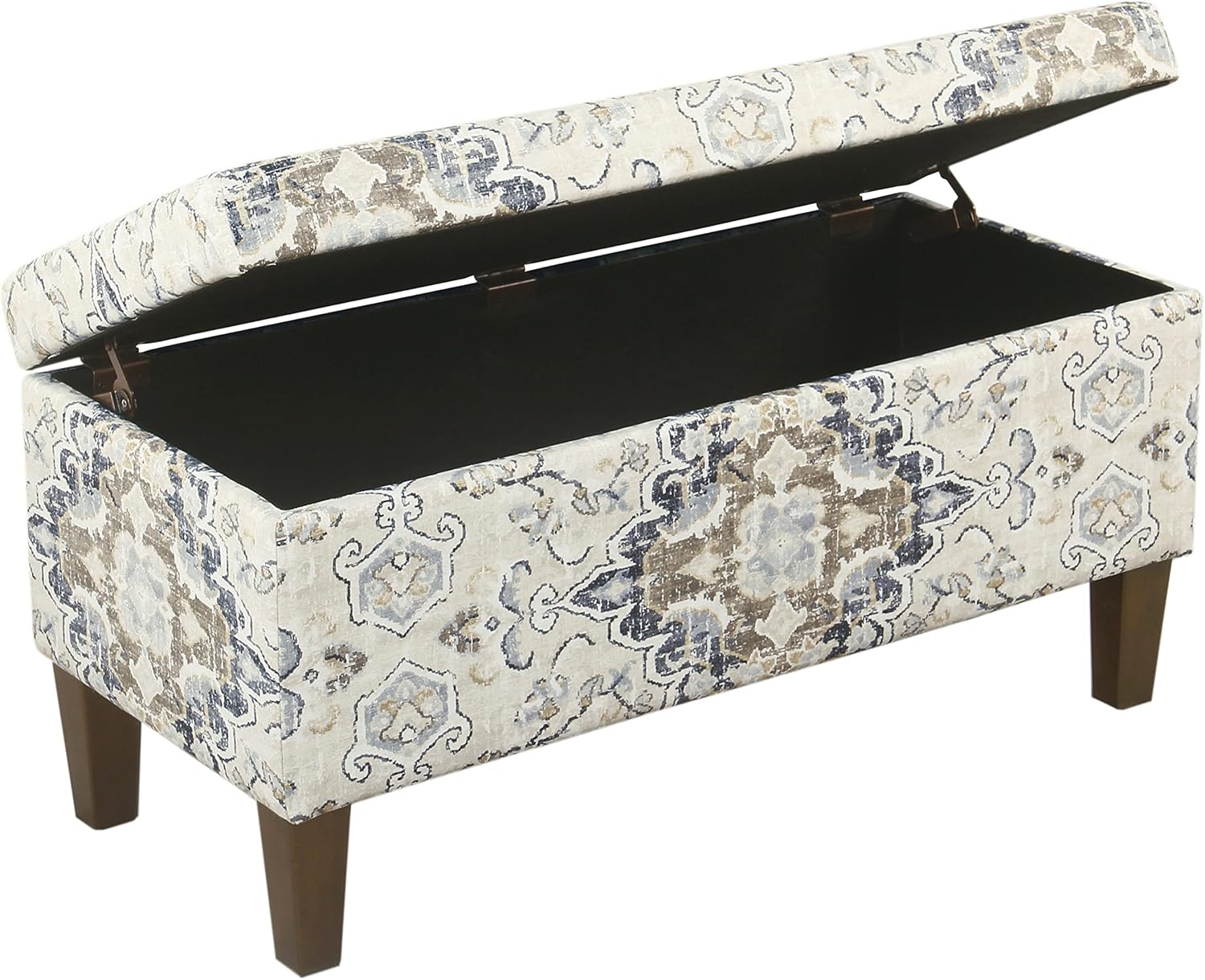HomePop Ottomon Upholstered Rectangular Storage Ottoman Bench with Hinged Lid, Antiqued Medallion Print Ebony and Cream