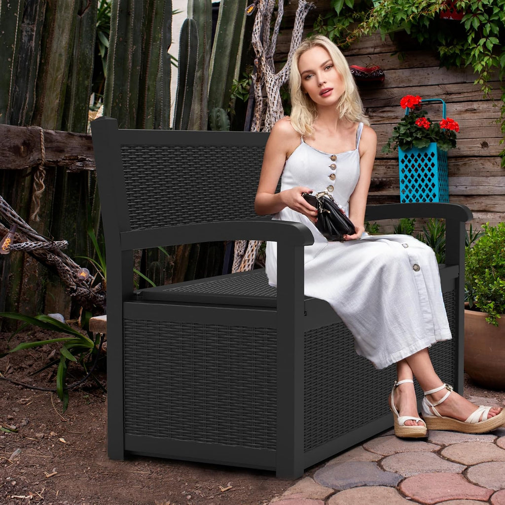 Vixzen 80 Gallon Outdoor Storage Bench Deck Box, Lockable All-Weather Resin Seating Outside Benches, Waterproof Furniture Patio Garden Porch Pool Tool Cushion Black