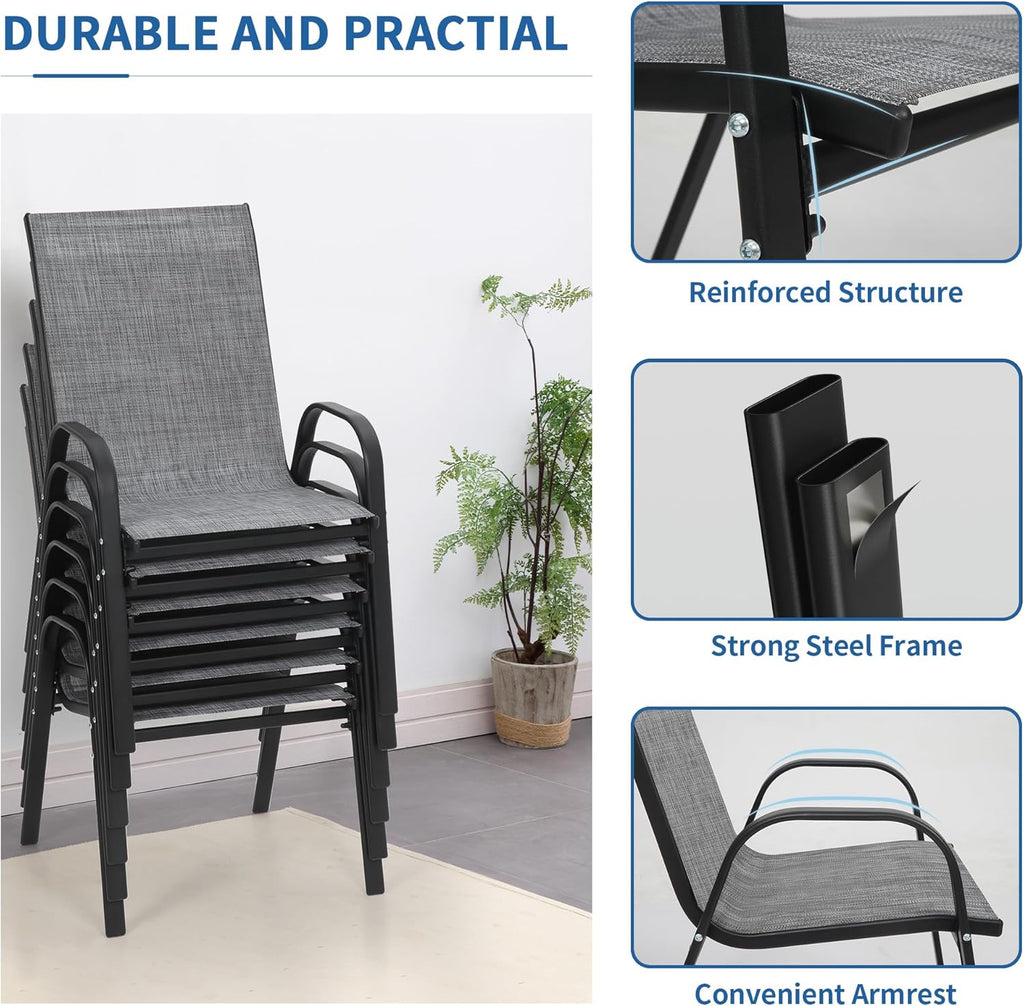 PIZZELLO 7 Pieces Patio Furniture Set w/ 60' Gas Fire Pit Table and 6 Patio Dining Chairs, Outdoor Conversation Set 50,000 BTU Aluminum Propane Fire Pit Stackable Patio Chairs Set of 6 for Backyard