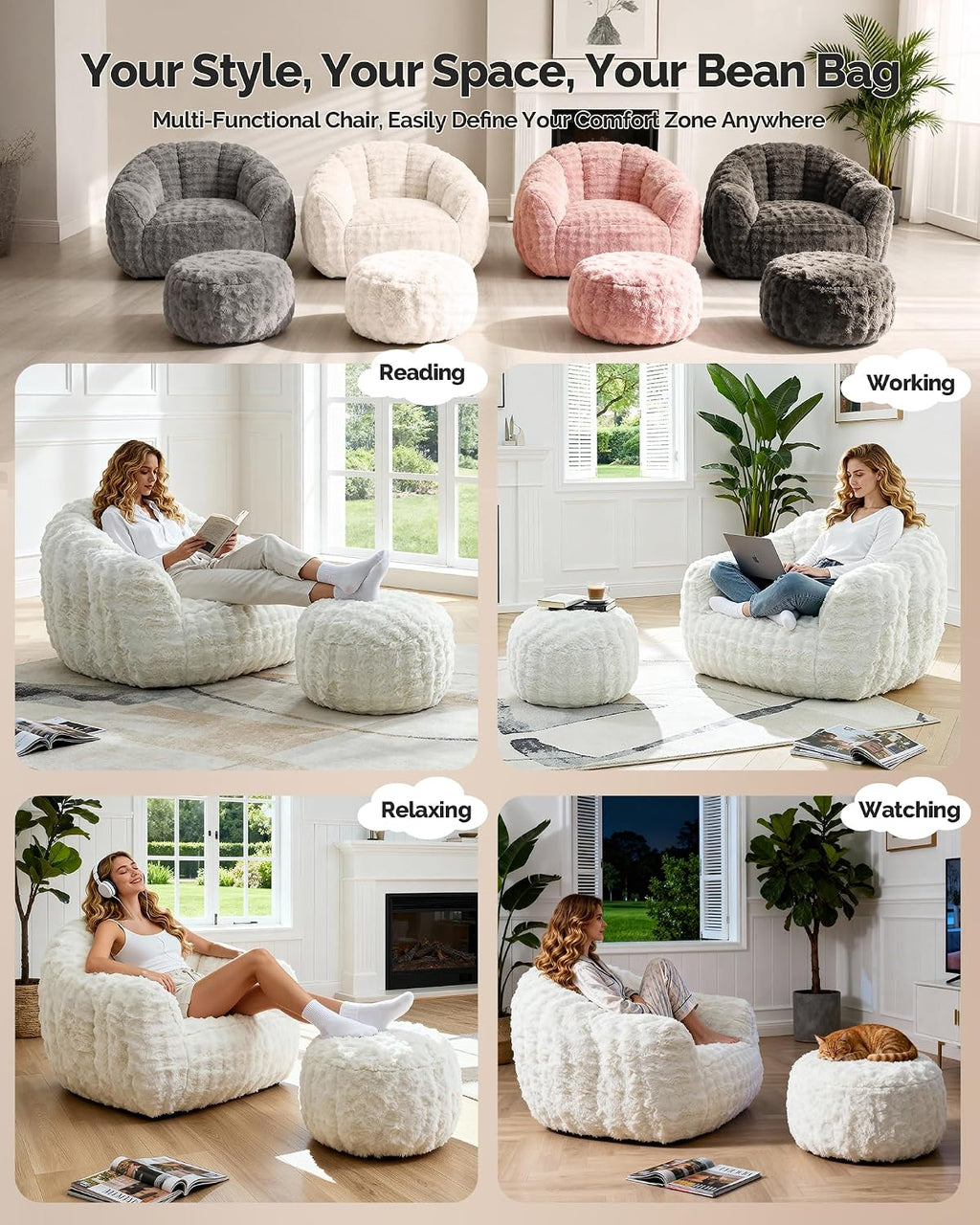 KINGYES Giant Bean Bag Chair with Ottoman, 3 in 1 Bean Bag Couch with Memory Foam Filler,Gaming Chair for Adults, Bean Bag for Kids & Teen, Beige