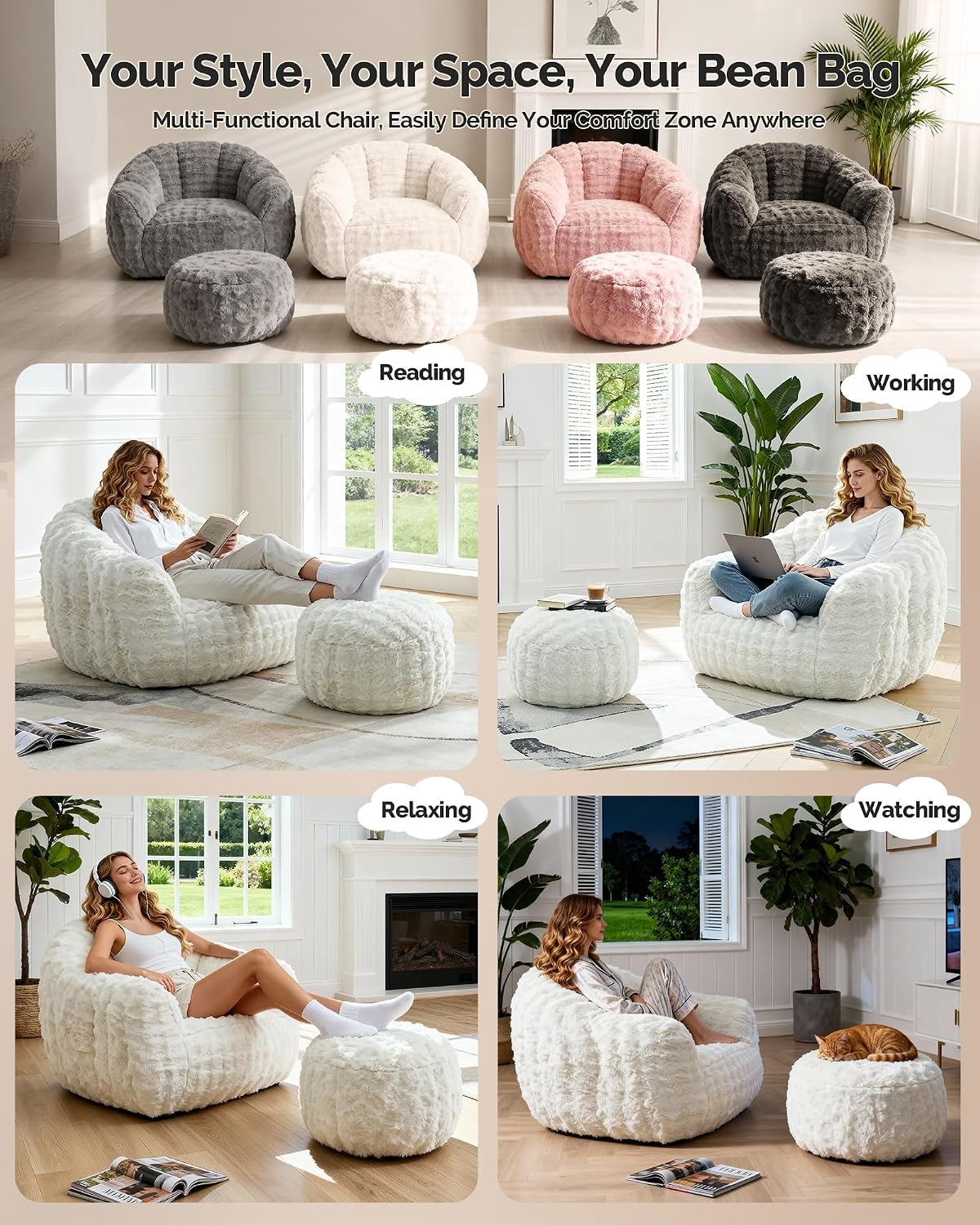 KINGYES Giant Bean Bag Chair with Ottoman, 3 in 1 Bean Bag Couch with Memory Foam Filler,Gaming Chair for Adults, Bean Bag for Kids & Teen, Beige