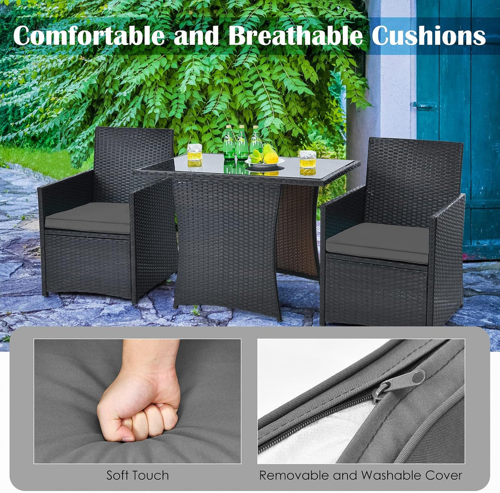 HAPPYGRILL 3 Piece Patio Furniture Set, Outdoor PE Rattan Wicker Bistro Set with Washable Cushions & Tempered Glass Table, for Backyard Porch Garden Balcony Poolside