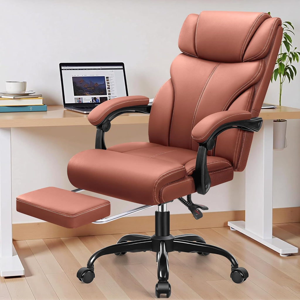 HeroSet Big and Tall Office Chair with Foot Rest, 400lbs Ergonomic Reclining High Back Executive Leather Chair, Lumbar Support Swivel Computer Desk Chairs for Heavy People Home Office Gaming(Brown)