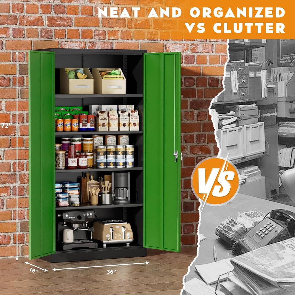 Greenvelly Metal Garage Storage Cabinet with 2 Doors and 4 Adjustable Shelves, 72'H Steel Lockable Storage Cabinet,Tall Metal Cabinet Locking File Cabinet for Office,Home, Garage, Gym, School