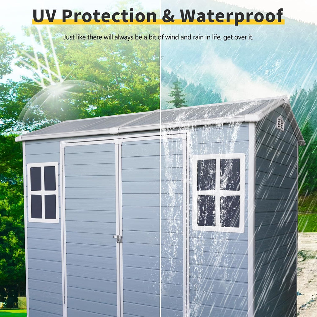 KUIKUI 8x4ft Shed with Floor Included, Plastic Storage Sheds with 2 Windows and Lockable Door, Backyard Storage Sheds for Garden Tools, Bike, Grey