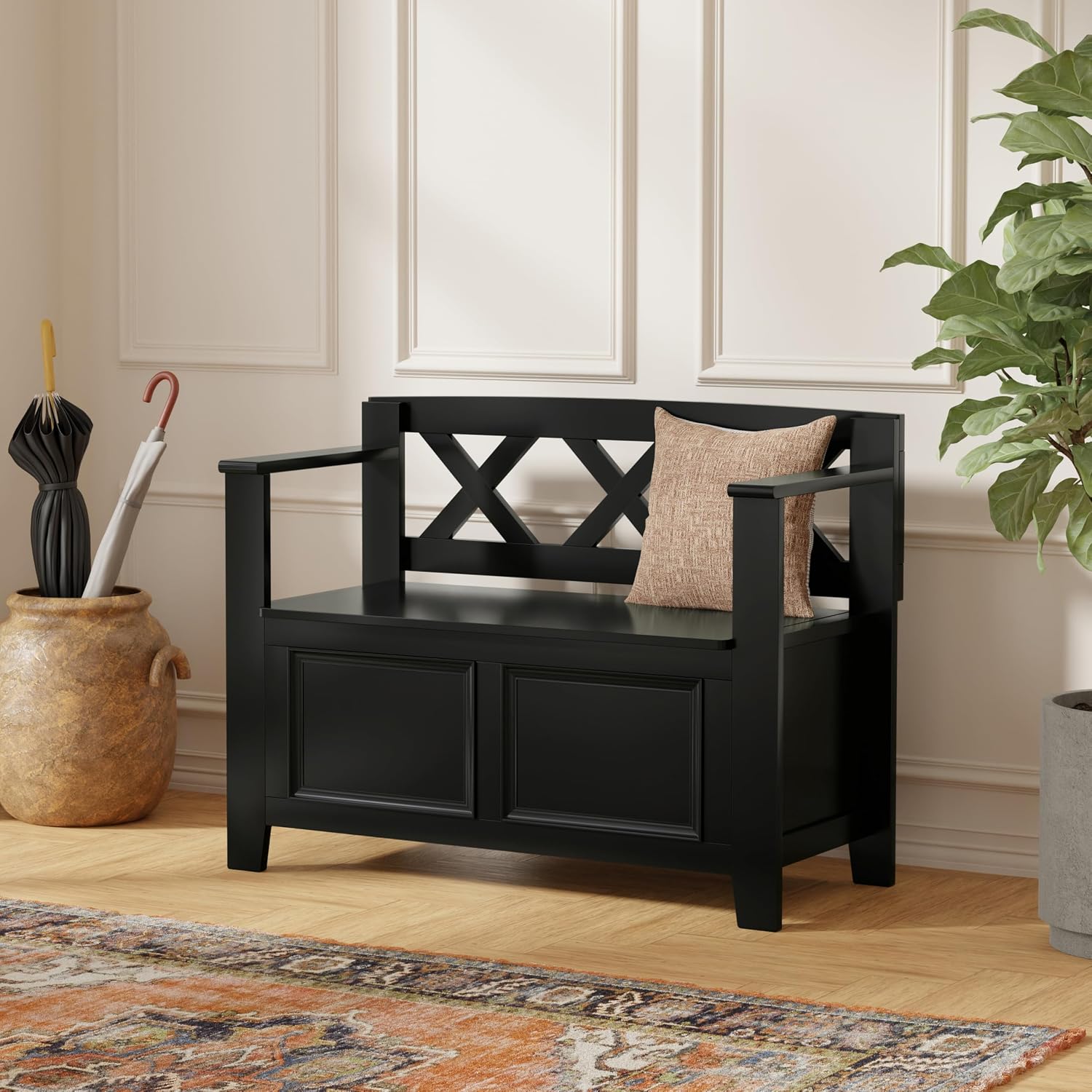 SIMPLIHOME Amherst Entryway Storage Bench - 36 inch Wide Solid Wood Hallway Bench in Black, Transitional Bench for Entry or Mudroom with Lift-Up Lid, Storage Compartments and X-Back Detail