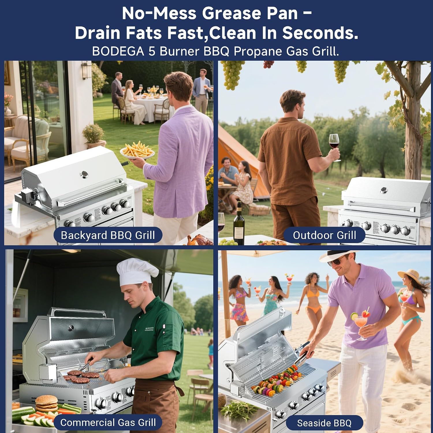 BODEGA 5 Burner Built In Gas Grill Island Head, Stainless Steel 30 Inch Propane Grill with Rear Burner, 58000 BTUs, 988.5 SQ In Racks, Dual Fuel Compatibility, Gas Grill Outdoor Cooking, BBQ Fork Kit.