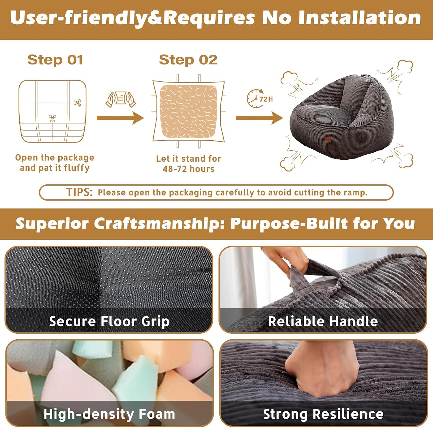 Giant Bean Bag Chair for Adults, Teens and Kids, Cozy Fluffy Corduroy Beanbag Chair with Filler, Large Floor Lounge Sofa for Living Room, Bedroom, Dorm, Gaming and Reading(L-Charcoal)