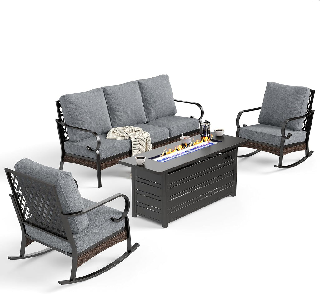 SUNSHINE VALLEY 4 Piece Black Metal Outdoor Patio Furniture Sets with Firepit Table, Patio Conversation Sets 1 3-Seater Sofa, 2 Rocking Sofa with 5.75' Thick Cushion Backyard Furniture for Deck, Gray