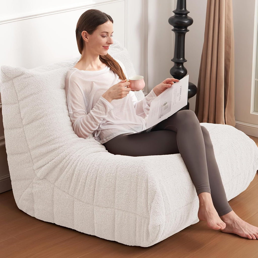 Bean Bag Chair Big Sofa Beanbag Chair for Adults Fireside Chair Bean Bag Lounger with Memory Foam Filled for Home,Apartment or Gaming Venue(White Teddy)