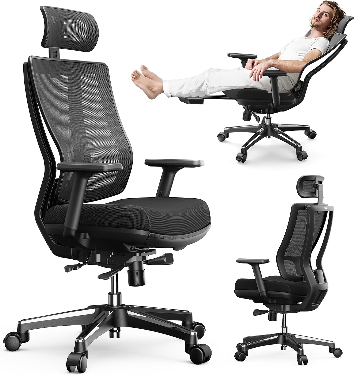 OdinLake L2 Ergo PRO 633 Ergonomic Office Chair with Footrest - Adjustable Seat Depth, 3D Armrests & Lumbar Support, Mesh High Back with Memory Foam Cushion, Gaming Chair with Headrest for Long Hours