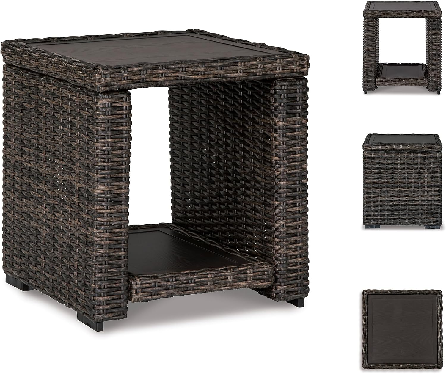 Signature Design by Ashley Grasson Lane Outdoor Rattan Square End Table with Storage, All-Weather Resin Wicker Handwoven Over Durable Aluminum Frame, Aluminum Tabletop and Shelf, 22.25' High, Brown