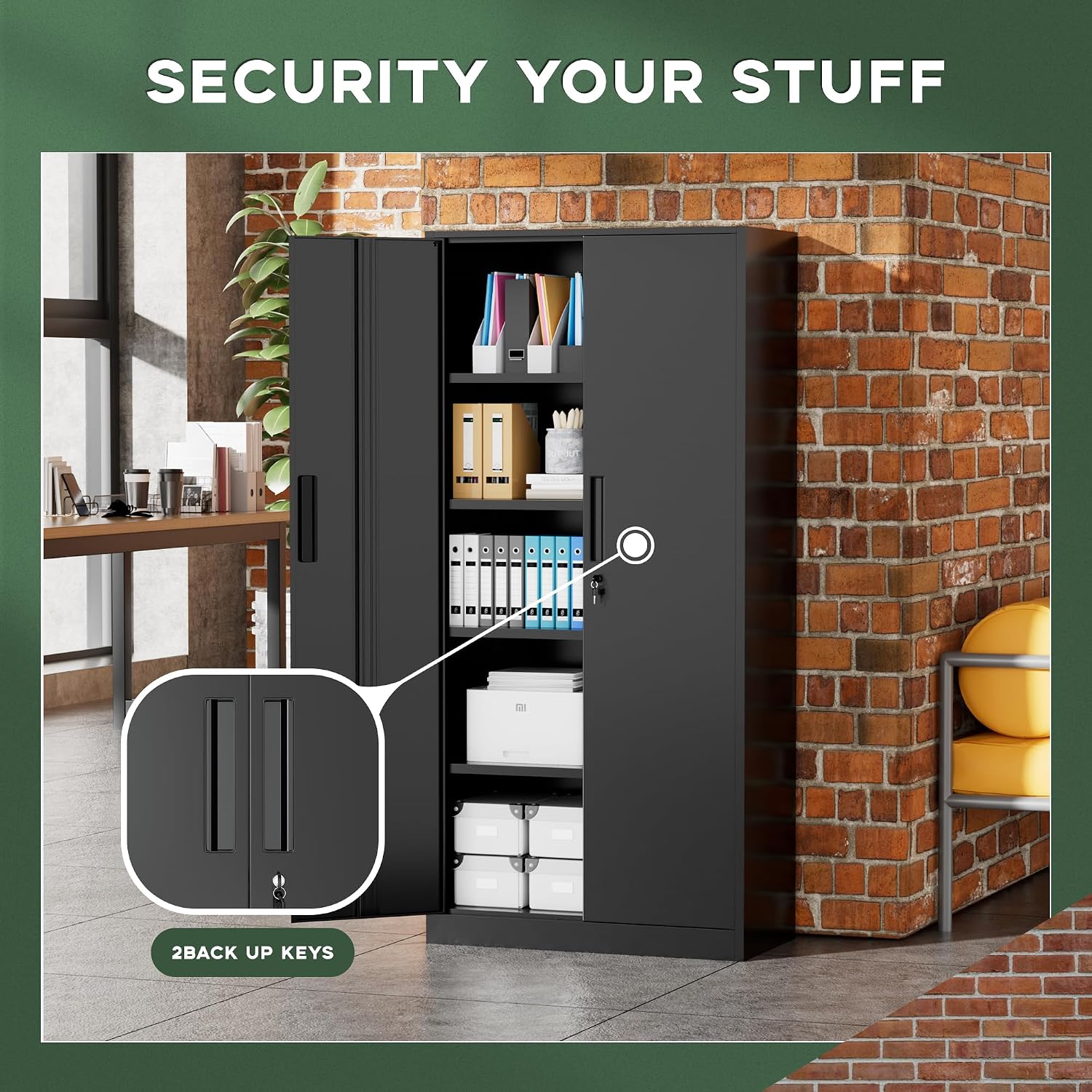Greenvelly Metal Garage Storage Cabinet, 72' Lockable Storage Cabinet with Adjustable Shelves, Steel Tool Cabinets, Black Metal File Cabinet for Home Office, Garage, School, Classroom(36' W x 18' D)