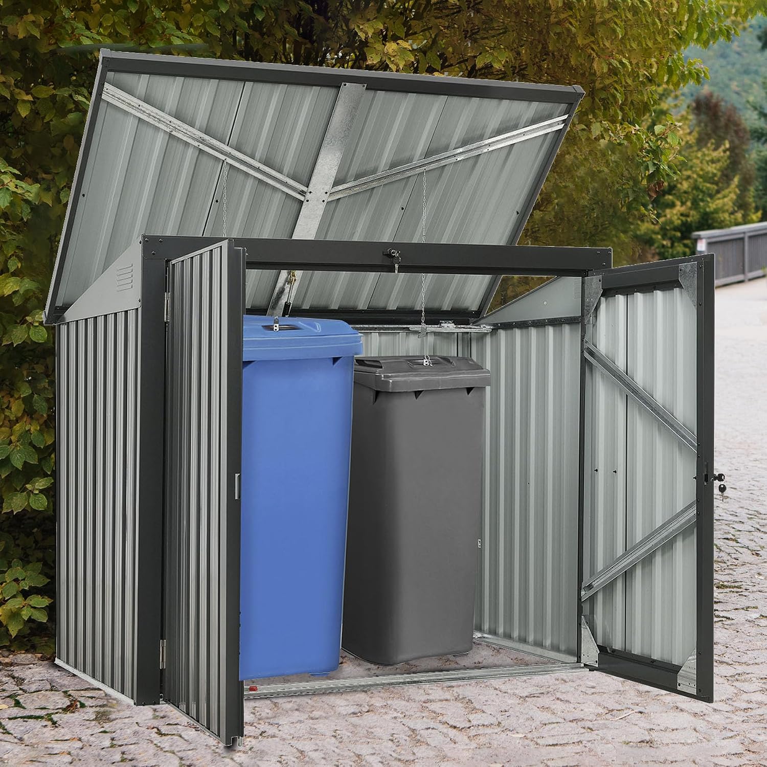 62' Grey Metal Outdoor Storage Shed with Sloped Roof, Lockable Tool Shed for Trash Cans, Garden Tools, Firewood, or Pet House, Waterproof, Galvanized Steel (Black)