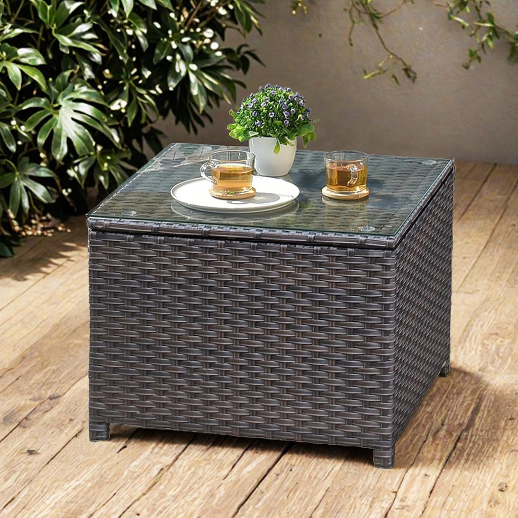 ovios Outdoor Side Table with Tempered Glass Top, Patio Wicker Rattan Coffee End Tables for All-Weather Porch Deck Balcony Garden Poolside (Brown-Medium Size)