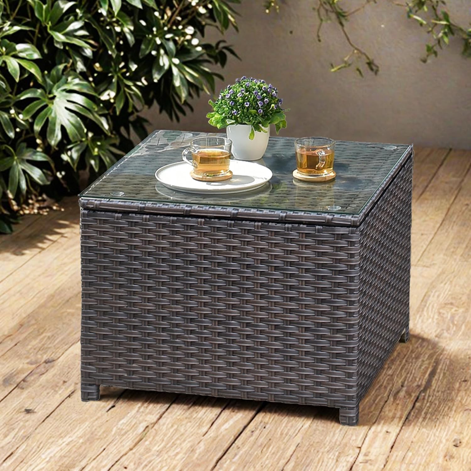 ovios Outdoor Side Table with Tempered Glass Top, Patio Wicker Rattan Coffee End Tables for All-Weather Porch Deck Balcony Garden Poolside (Brown-Medium Size)