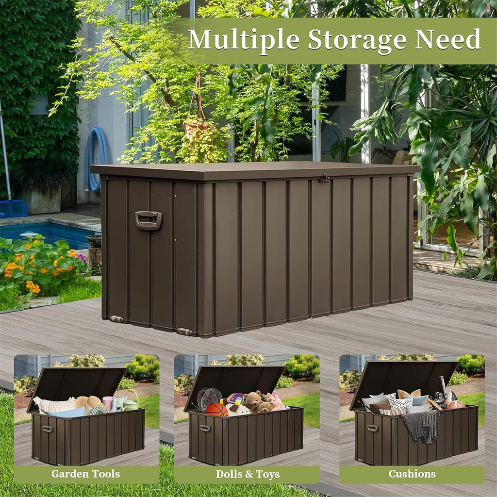100 Gallon Metal Deck Box, Outdoor Storage Box Waterproof with Wheels, Lockable Storage Container for Patio Furniture Cushions Garden Tools, Dark Brown