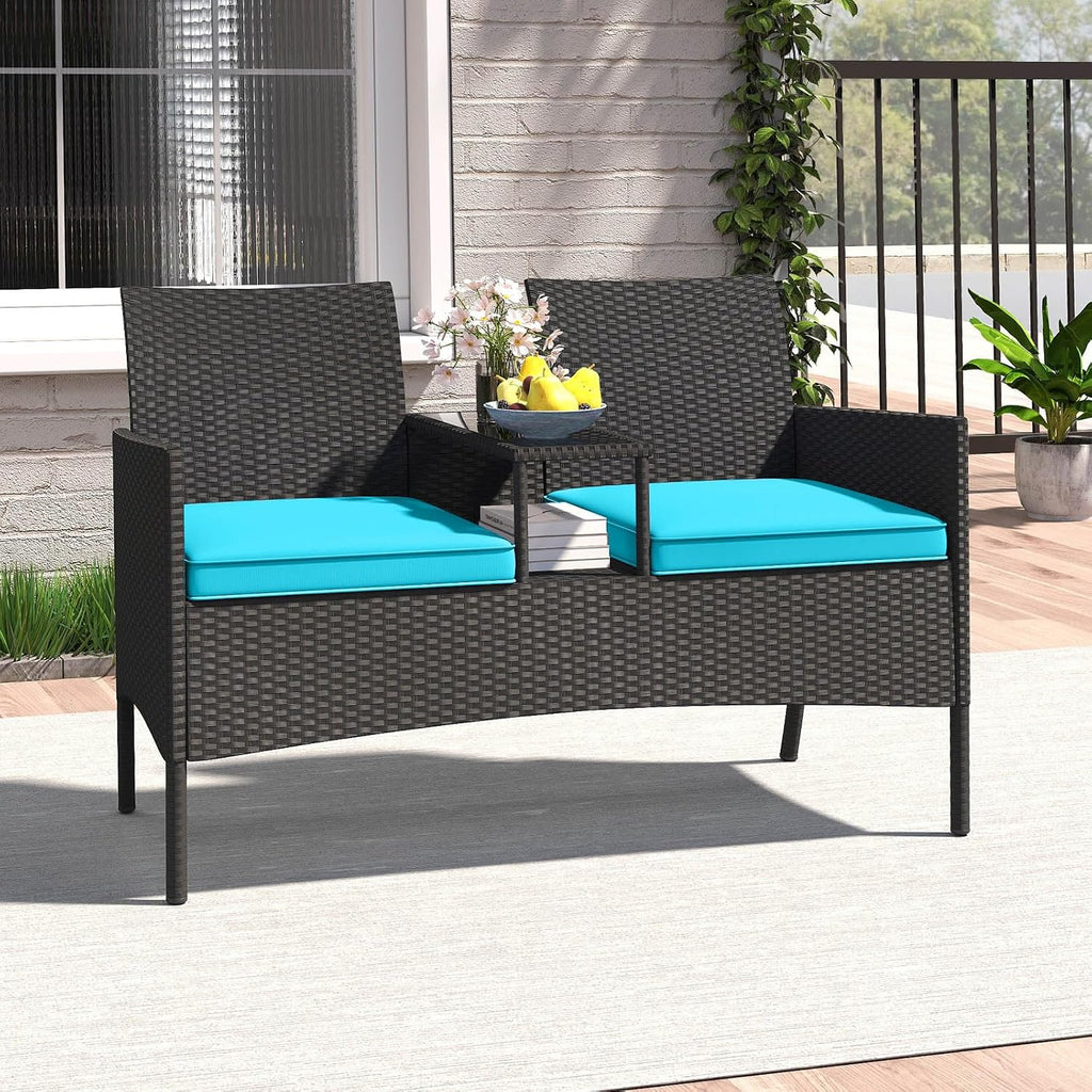 Tangkula Patio Loveseat with Built-in Table, Wicker 2-Seat Furniture with Soft Cushions & Tempered Glass Tabletop, Metal Frame Outdoor Conversation Seating Bench for Backyard, Porch