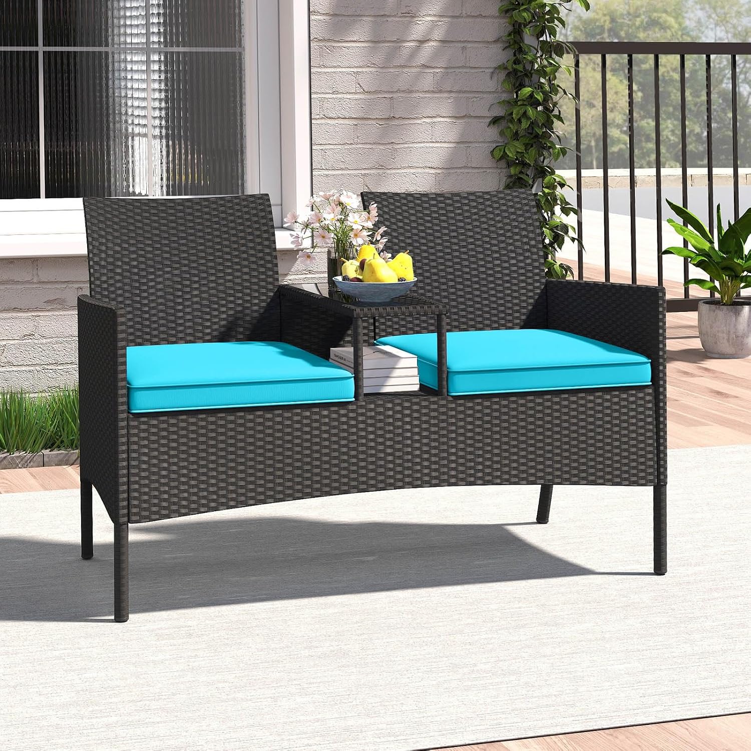 Tangkula Patio Loveseat with Built-in Table, Wicker 2-Seat Furniture with Soft Cushions & Tempered Glass Tabletop, Metal Frame Outdoor Conversation Seating Bench for Backyard, Porch