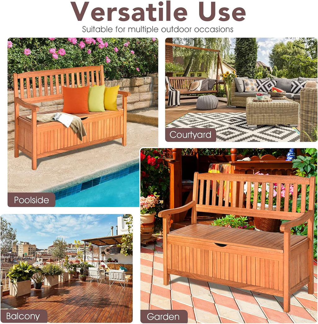 Foldable Outdoor Bench, Garden Bench w/High Back & Armrest, Acacia Wood Bench, 4 FT 2-Person Loveseat Chair for Front Porch, Patio, Backyard & Balcony, Teak Finish (w/Storage, Natural)