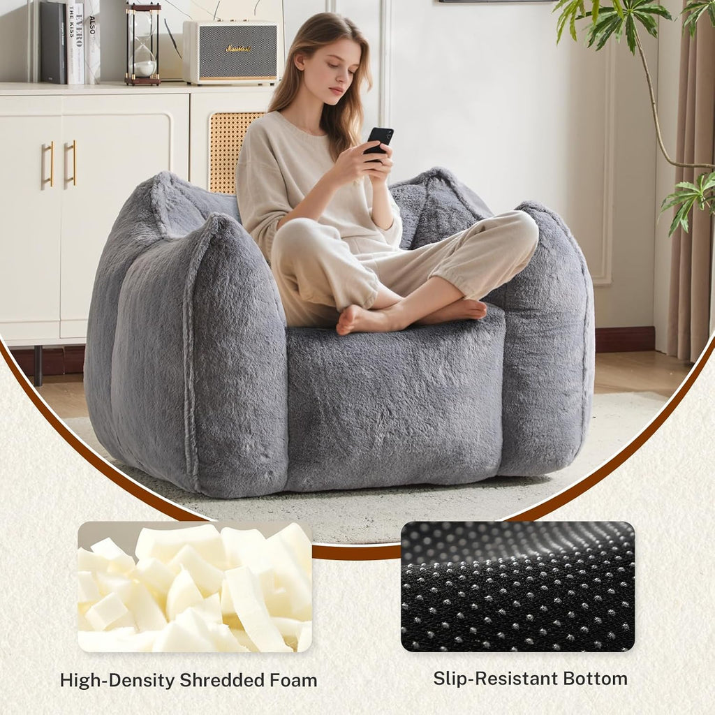 Giant Bean Bag Chair, Comfy Large Bean Bag Chairs for Adults and Kids, Fluffy Faux Rabbit Fur Floor Sofa for Living Room Bedroom Apartment, Grey