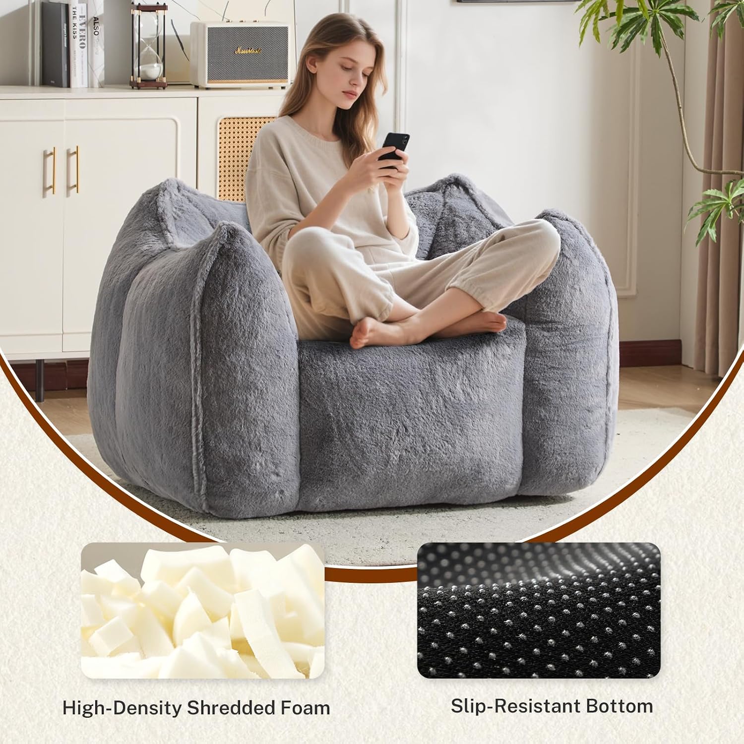 Giant Bean Bag Chair, Comfy Large Bean Bag Chairs for Adults and Kids, Fluffy Faux Rabbit Fur Floor Sofa for Living Room Bedroom Apartment, Grey