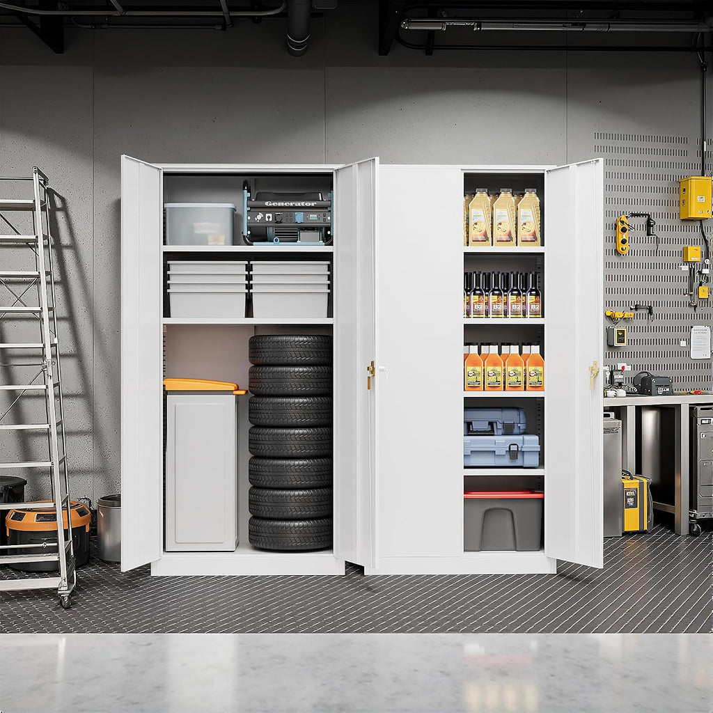Pataku Metal Storage Cabinet, Garage Cabinet with Doors and Shelves Lockable Steel Multifunctional Cabinets, White File Cabinets for Home, Office, Garage, Warehouse