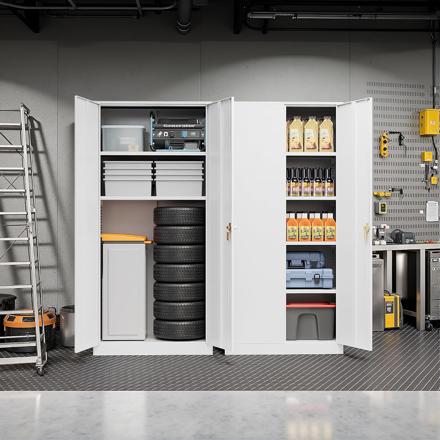 Pataku Metal Storage Cabinet, Garage Cabinet with Doors and Shelves Lockable Steel Multifunctional Cabinets, White File Cabinets for Home, Office, Garage, Warehouse