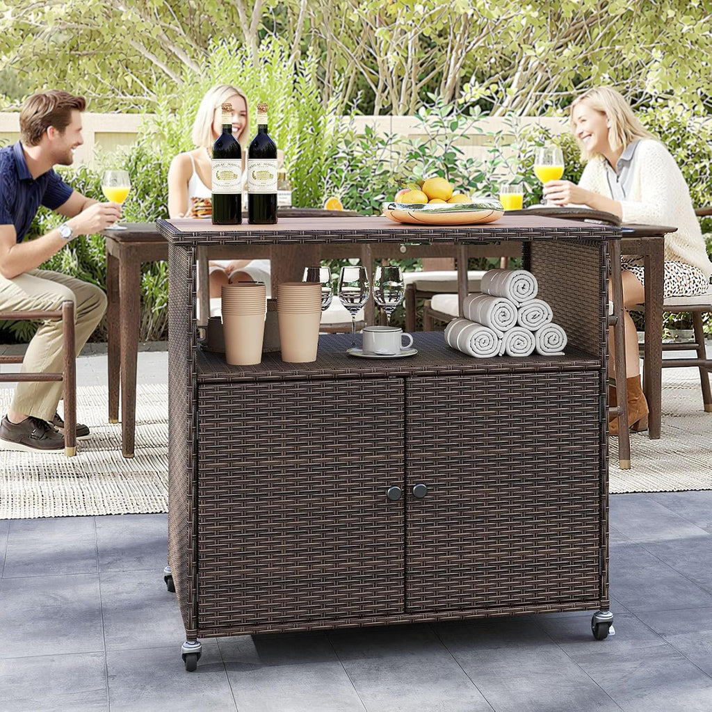 HAPPYGRILL Outdoor Storage Cabinet with Wheels, PE Rattan Patio Buffet Sideboard Bar Cart for Garden, Backyard & Poolside