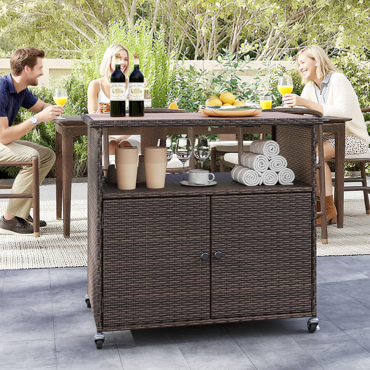 HAPPYGRILL Outdoor Storage Cabinet with Wheels, PE Rattan Patio Buffet Sideboard Bar Cart for Garden, Backyard & Poolside