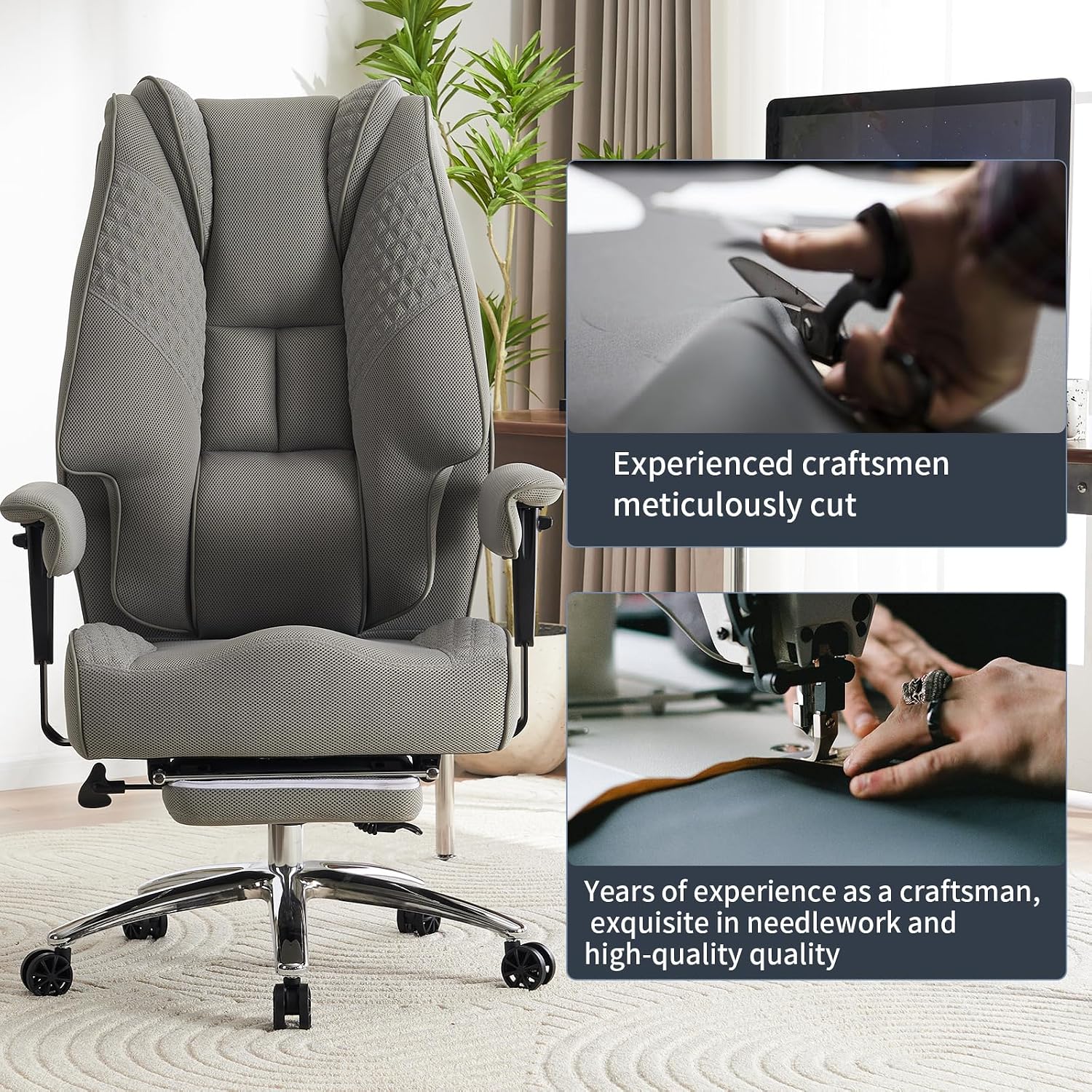 EXCEBET Big and Tall Office Chair 400lbs Wide Seat, Leather High Back Executive Office Chair with Foot Rest, Ergonomic Chairs Lumbar Support for Lower Back Pain Relief (Mesh Light Grey)