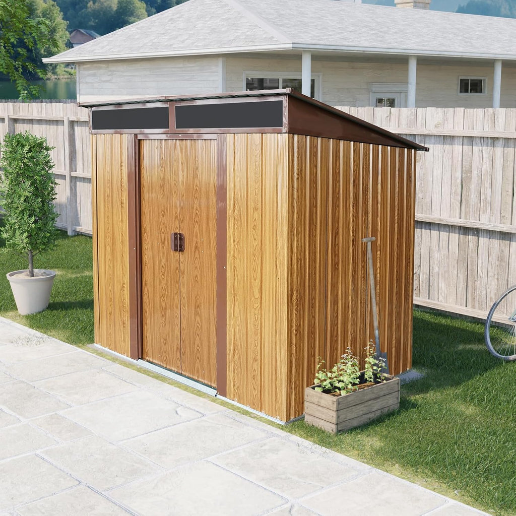 JT 6X4.5FT Outdoor Storage Shed, Galvanized Metal Garden Shed with Window and Metal Foundation, Tool Storage Shed for Patio Lawn Backyard (Coffee-6ft x 4.5ft)