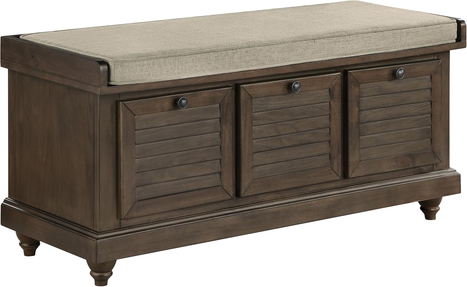 OSP Home Furnishings Dover Coastal Lift-Top Storage Bench with Shutter Face Styling, Dark Walnut Finish with Beige Fabric Cushion