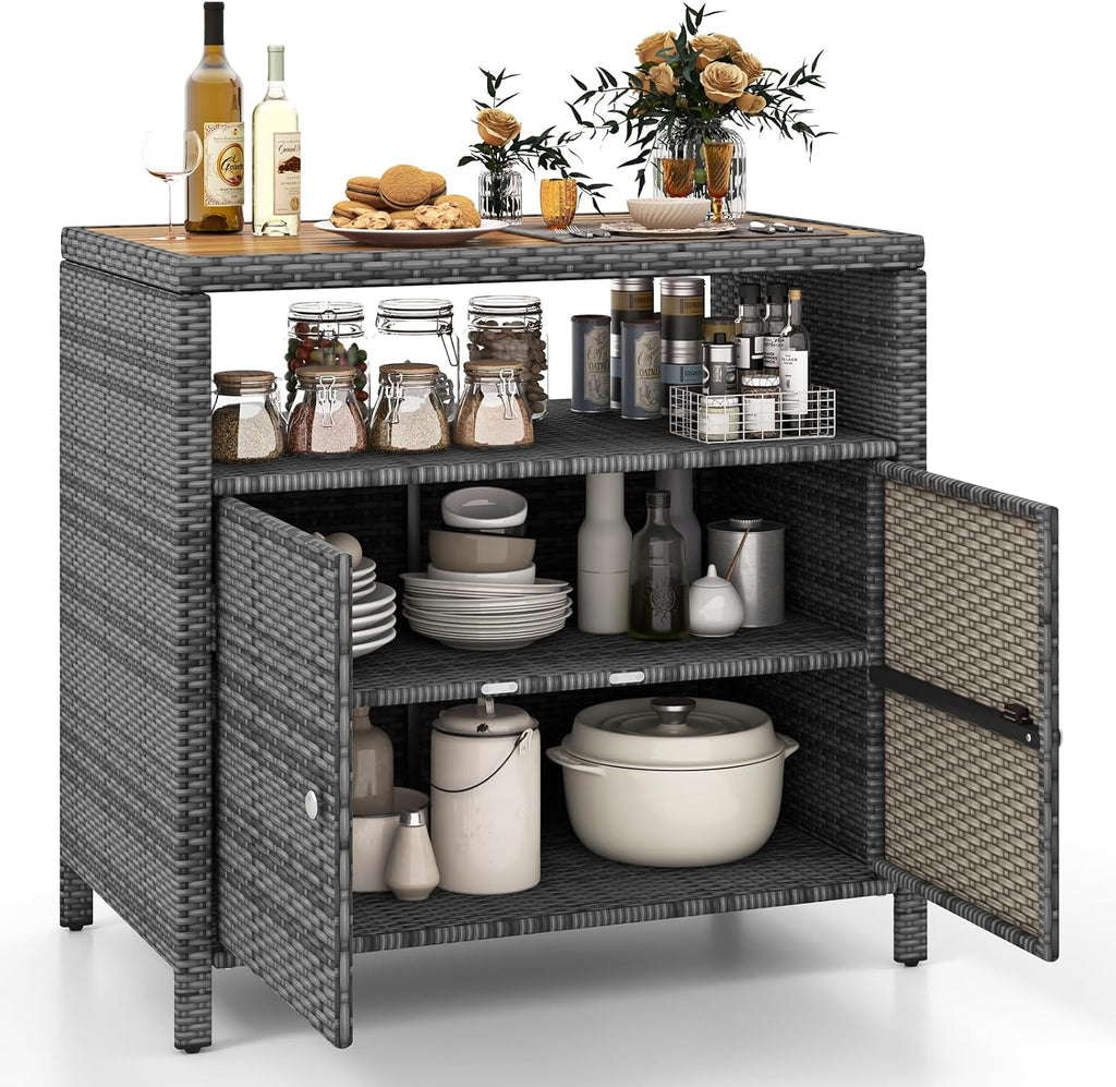 HAPPYGRILL Rattan Storage Cabinet, Patio Sideboard Buffet Cabinet with Acacia Wood Countertop, Open Shelf & 2 Door Cabinet, Wicker Storage Organizer for Garden Tools (Mixed Grey)