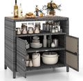 HAPPYGRILL Rattan Storage Cabinet, Patio Sideboard Buffet Cabinet with Acacia Wood Countertop, Open Shelf & 2 Door Cabinet, Wicker Storage Organizer for Garden Tools (Mixed Grey)