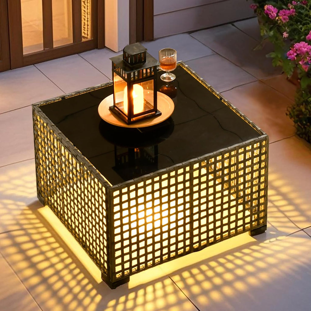 ovios Outdoor Side Table with Tempered Glass Top, Patio Wicker Rattan Solar Lights Tables for All-Weather Porch Deck Balcony Garden Poolside (Grey-Medium Size)
