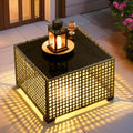 ovios Outdoor Side Table with Tempered Glass Top, Patio Wicker Rattan Solar Lights Tables for All-Weather Porch Deck Balcony Garden Poolside (Grey-Medium Size)