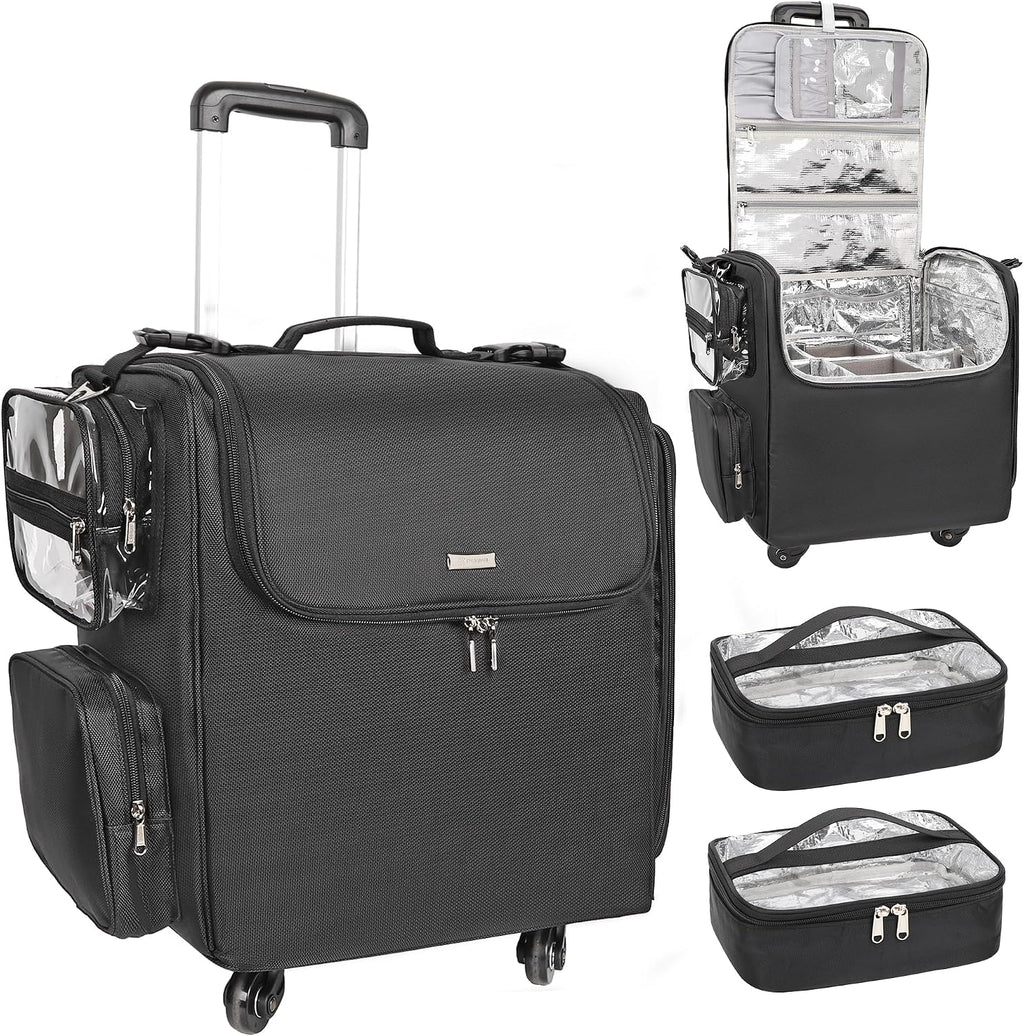 Relavel Rolling Makeup Train Case, Professional Hairstylist Traveling Bag with 4 Wheels & 2 Pouches, Adjustable Dividers, Heat Insulation Full Layer, Portable Cosmetics Storage Organizer Suitcase