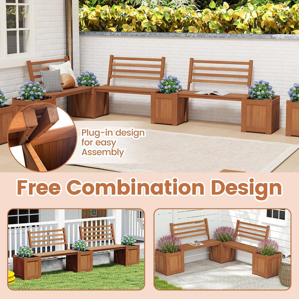 Giantex 2-in-1 Outdoor Bench with Backrest & 2 Raised Garden Beds, Wood with Teak Oil Finish, Planter Boxes with Open-Ended Base, Garden Bench Seat for Porch Balcony Lawn Yard, DIY Assembly