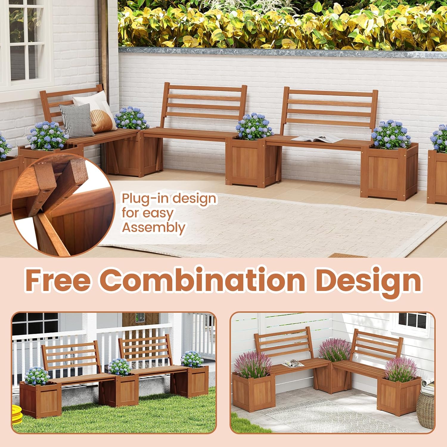 Giantex 2-in-1 Outdoor Bench with Backrest & 2 Raised Garden Beds, Wood with Teak Oil Finish, Planter Boxes with Open-Ended Base, Garden Bench Seat for Porch Balcony Lawn Yard, DIY Assembly