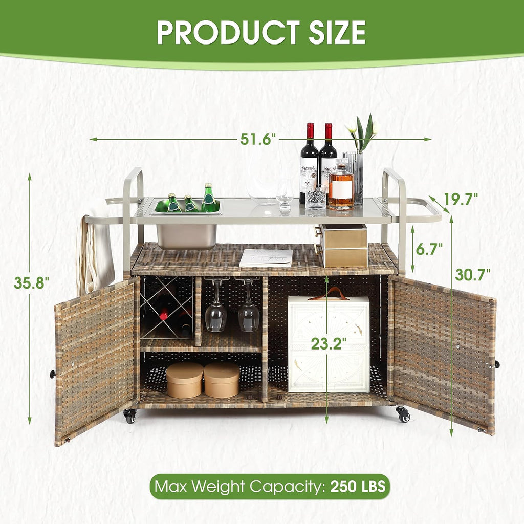 HOMEFUN Outdoor Kitchen Island Wicker Serving Console Cart & Grill Bar Table Waterproof with Wheels and Ice Bucket Backyard and BBQ Prep, Brown