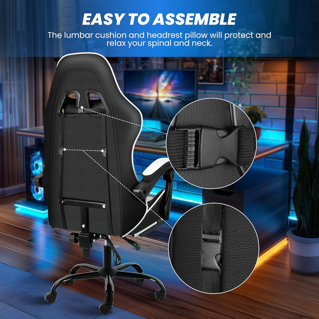 YSSOA Gaming Chair, Computer Chair with Footrest, Height Adjustable & 90°-135° Tilt Function, Swivel Recliner Ergonomic Racing Style Video Game Chair with Lumbar Support (Black/White)