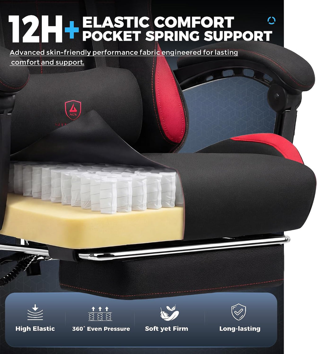 GTPLAYER Gaming Chair Fabric with Pocket Spring Cushion,Computer Office Chair with Lumbar Support for Adults Linkage Armrests and Footrest Ergonomic Gamings Chairs Height Adjustable RED