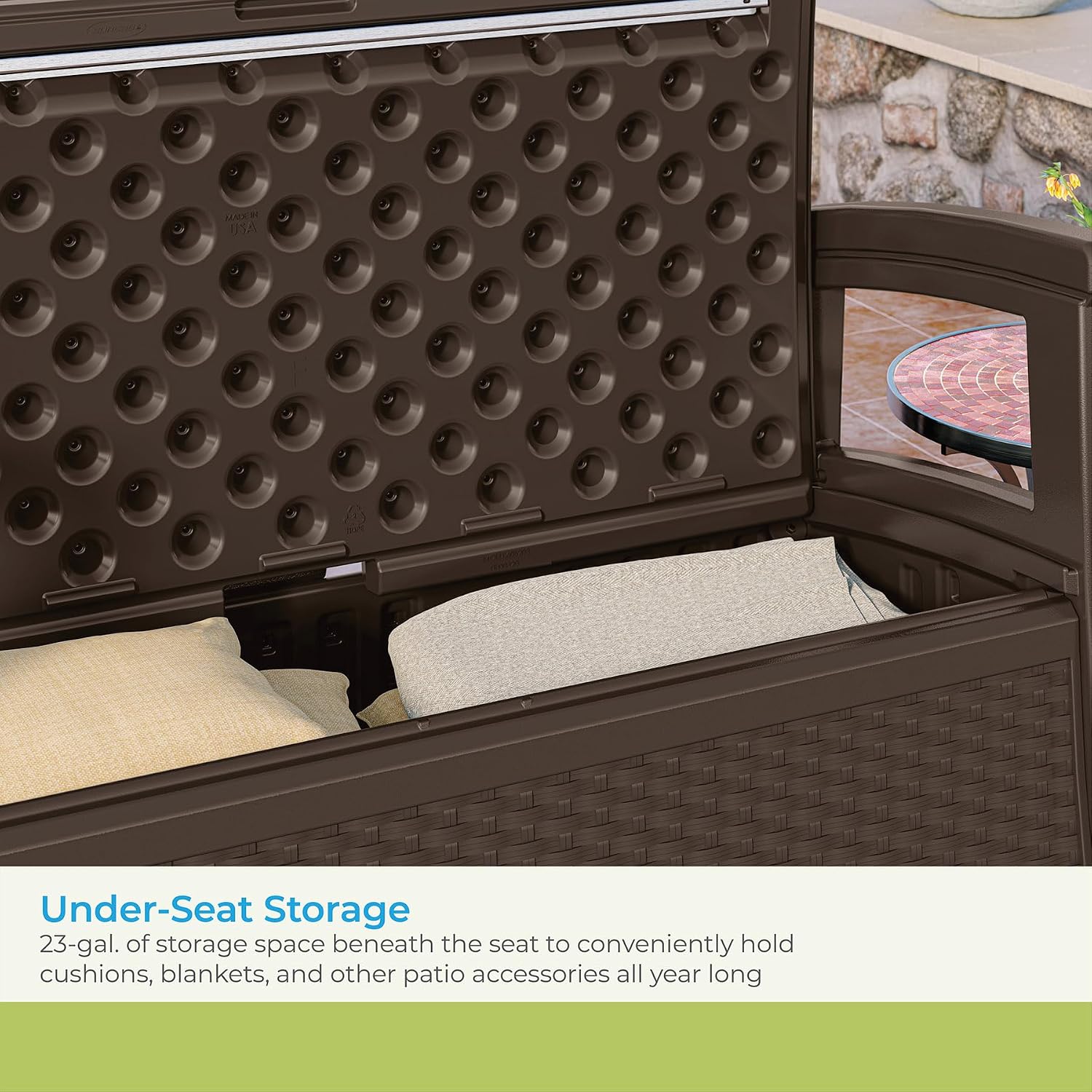 Suncast Outdoor Wicker Love Seat with 23-Gallon Storage, Comfortable Seating for Two, Ergonomic Back Support, All-Weather Furniture for Patio, Deck, and Garden, Java, Made in The USA