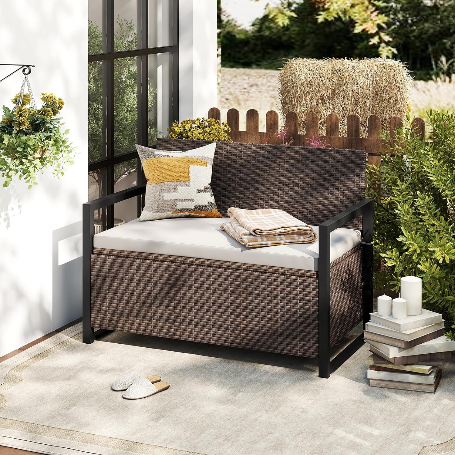 RELAX4LIFE Wicker Outdoor Bench with Storage - Rattan Deck Box w/Protective Liner for Pillows, Pool Supplies, Garden Tools, Patio Loveseat with Seat Cushion & Metal Armrests for Backyard Porch Balcony