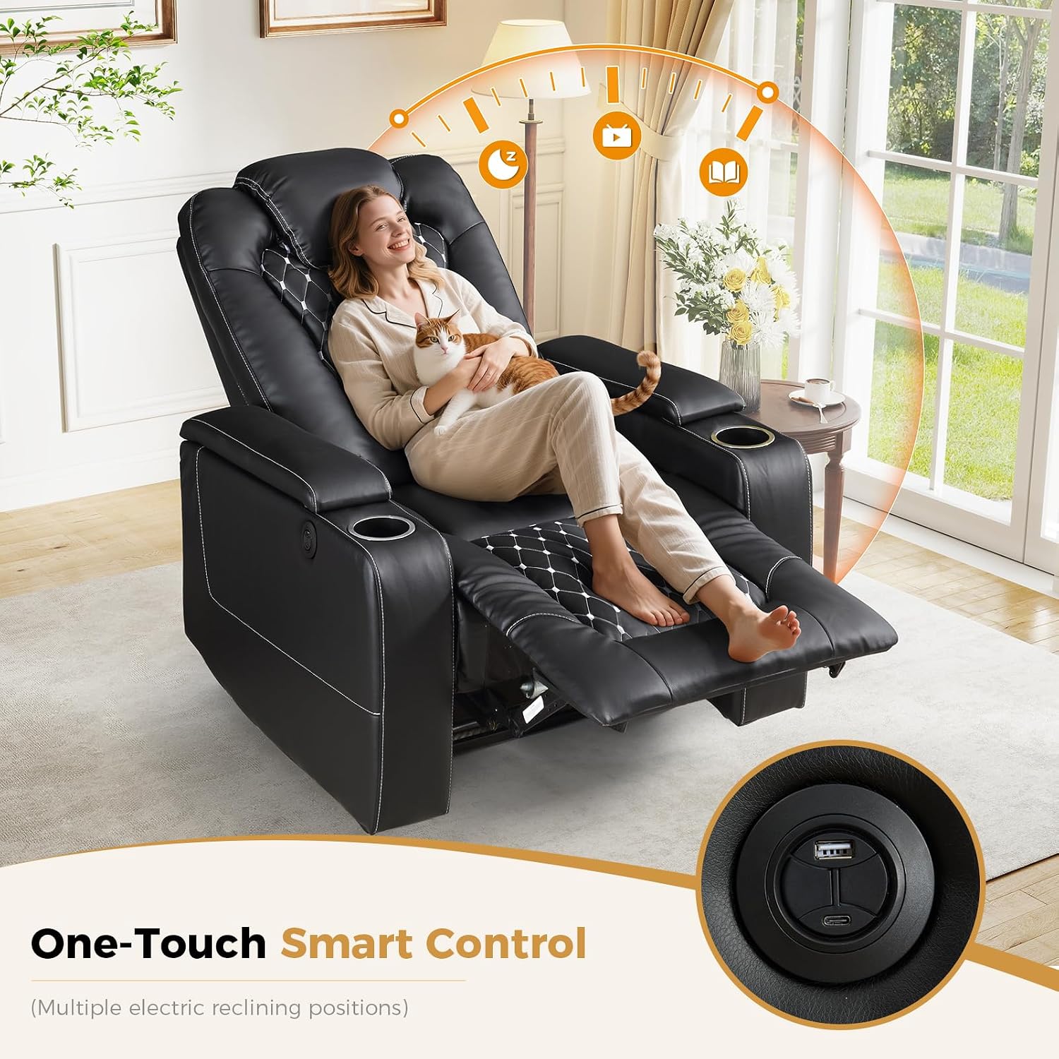 ANJ Power Recliner Chair with USB Ports and Cup Holders - Overstuffed Electric Home Theater Seating PU Leather Reclining Furniture with Hidden Arm Storage, Easy to Clean (Set of 2, Black)